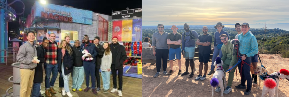 UCLA Urology residents enjoying social outings—at an amusement boardwalk at night and on a scenic daytime hike with dogs.