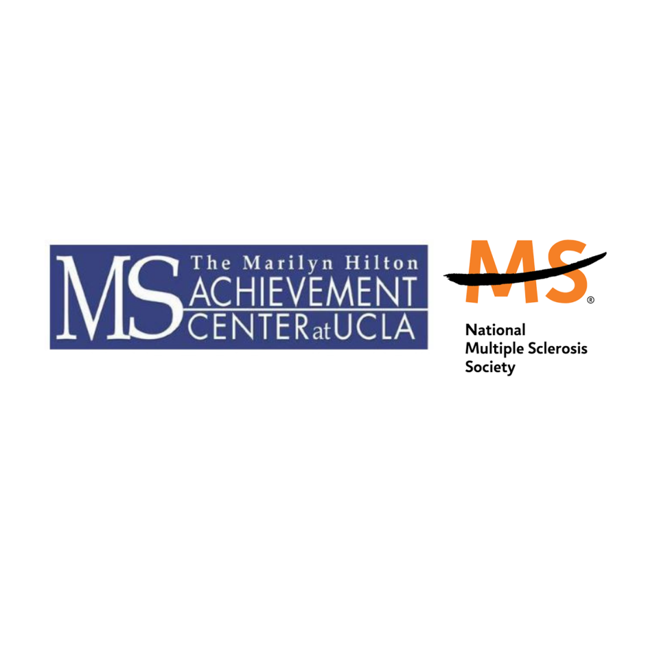 Purple Logo stating "The Marilyn Hilton MS Achievement Center" next to another orange and black logo stating "MS National Multiple Sclerosis Society"