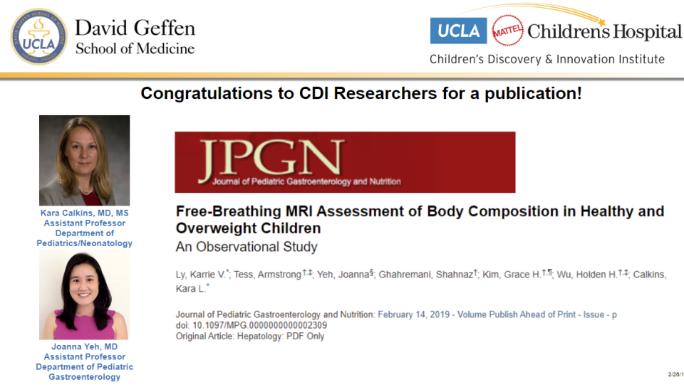 Publication by Kara Calkins and Joanna Yeh, Feb 2019. An observational study on free-breathing MRI assessment of body composition in children.