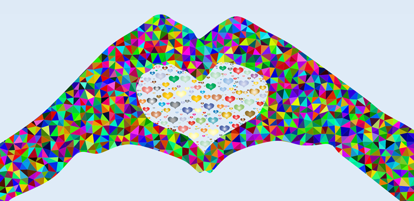 Prismatic hands full of colors forming the shape of a heart