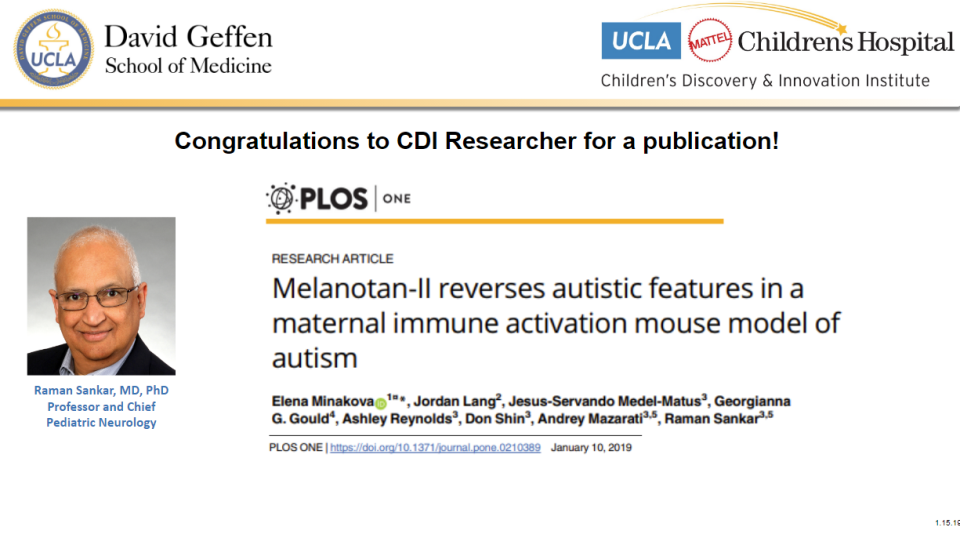 Publication by Raman Sankar - Jan 2019. Research article about Melanotan-II reverses autistic features in a maternal immune activation mouse model of autism.