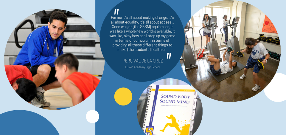 Students exercise using gym equipment and read a "Sound Body Sound Mind" booklet as part of a UCLA Health fitness program.