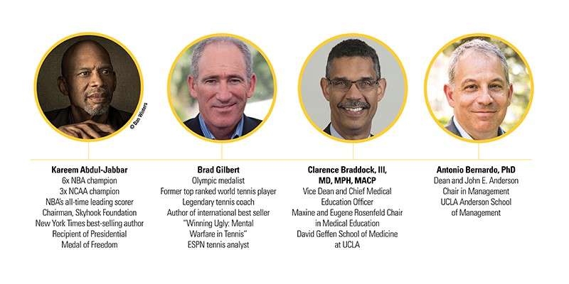 Headshots of four speakers at an event, each enclosed in a circular border.