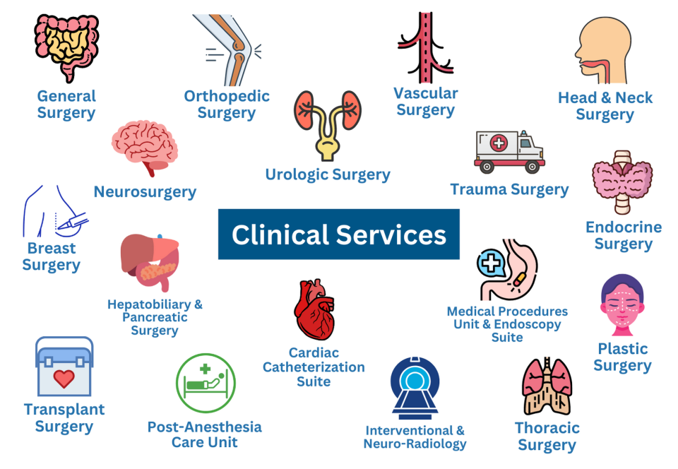 Clinical services illustration, showing icons of the following practices: General Surgery, Orthopedic Surgery, Vascular Surgery, Head & Neck Surgery, Neurosurgery, Urologic Surgery, Trauma Surgery, Breast Surgery, Endocrine Surgery, Hepatobiliary & Pancreatic Surgery, Medical Procedures Unit & Endoscopy Suite, Cardiac Catheterization Suite, Plastic Surgery, Transplant Surgery, Post-Anesthesia Care Unit, Interventional & Neuro-Radiology, Thoracic Surgery