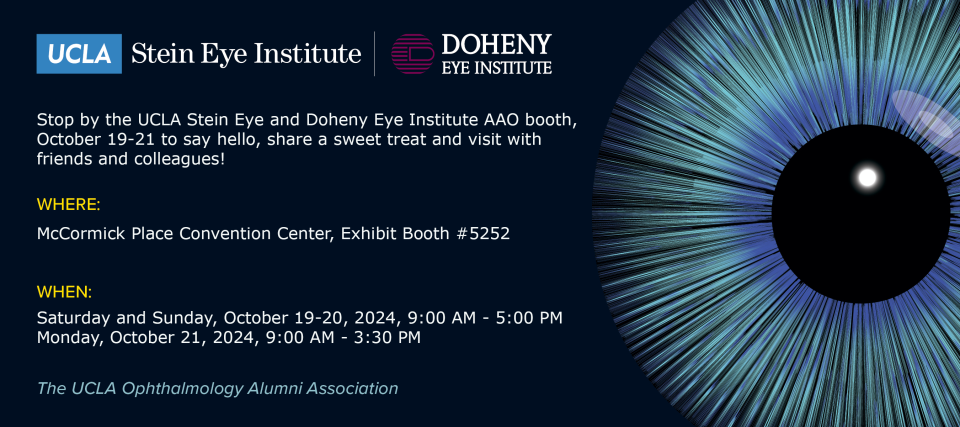 graphic for the aao stein doheny booth reminder card, with text and a microscopic view of a blue eye on the right side