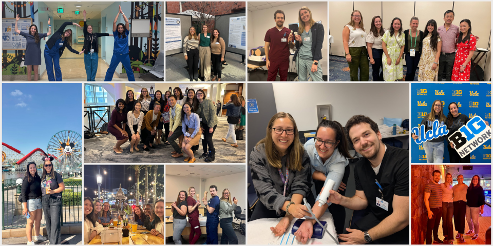 A multi-panel collage shows a diverse group of hospital fellows at various events, including conferences, dinners, and a fun outing.