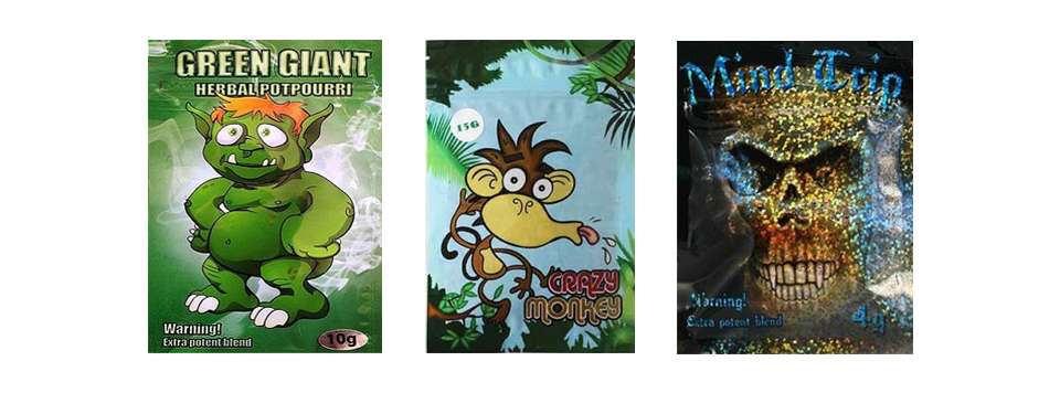 He aquí ejemplos de marcas y paquetes de cannabinoides sintéticos