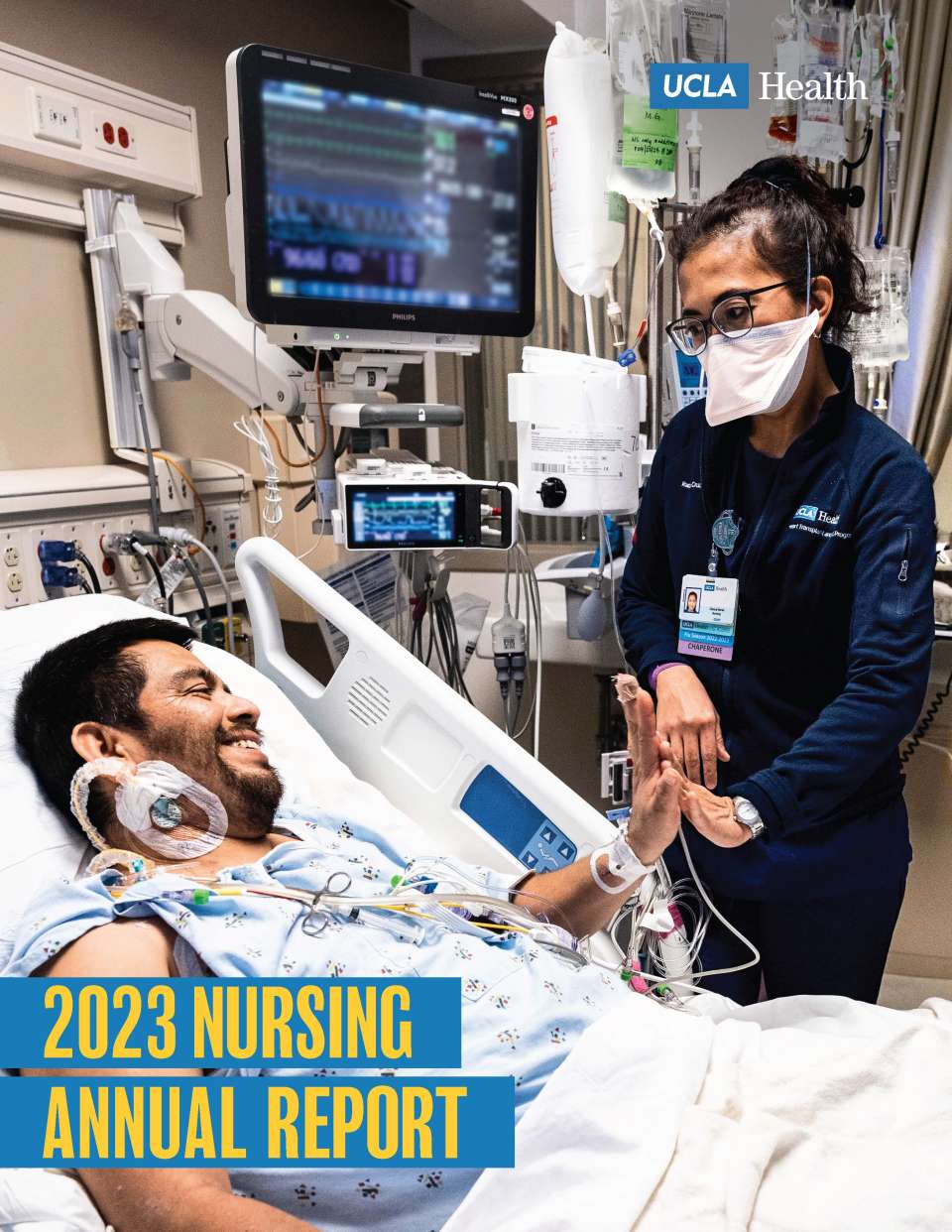 2023 Nursing Annual Report cover showing nurse with patient