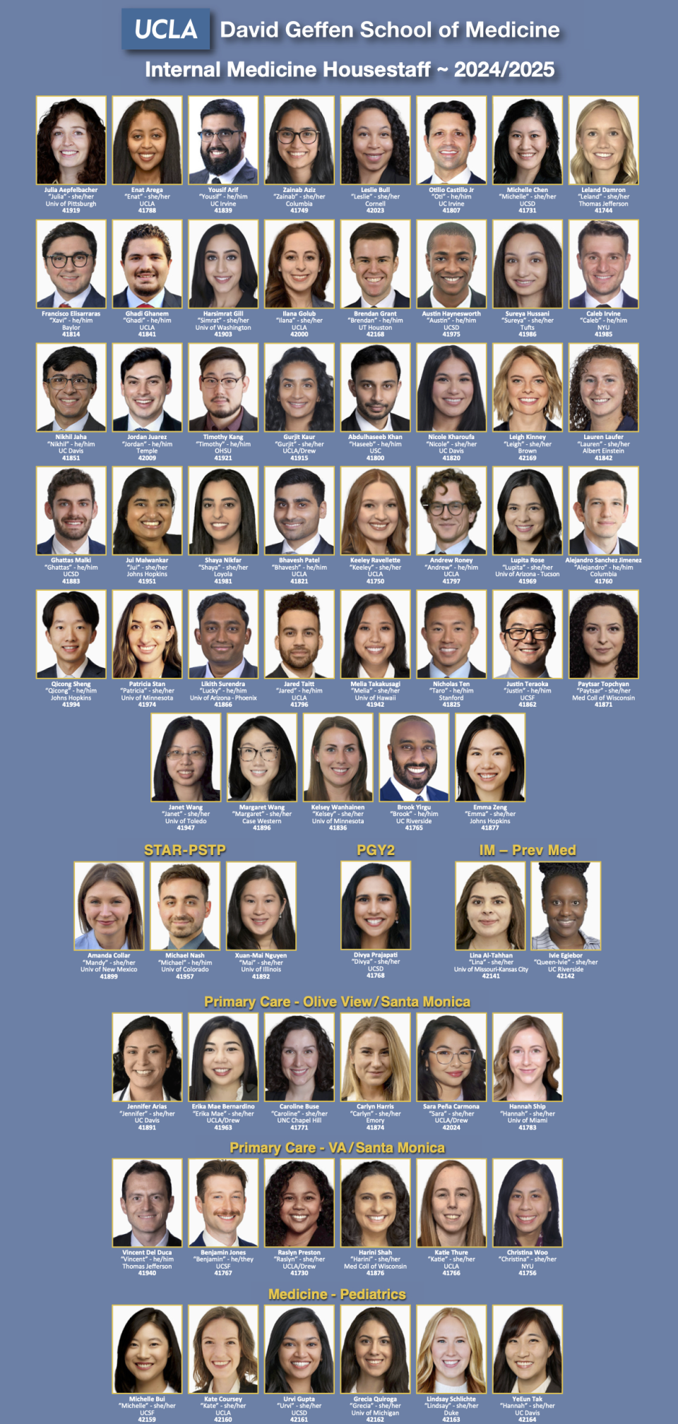 A professional group photo shows the diverse 2024-2025 Internal Medicine Housestaff at UCLA's David Geffen School of Medicine across various programs.