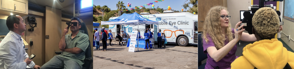 3 photos from the mobile eye clinic, two of patients being examined and one of the bus where the clinic is being held