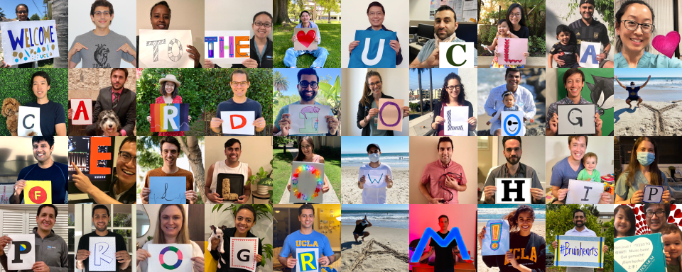 Group of UCLA cardiology fellows holding up paper signs that spell out "Welcome to the UCLA Cardiology Fellowship Program," smiling and celebrating together.