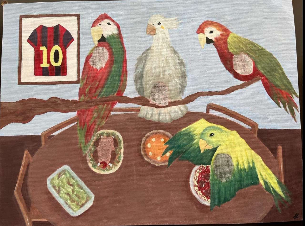 Fingerprint Painting, four parrots on a branch above a dinner table, with a soccer jersey with number 10 on the back by Serena IP.