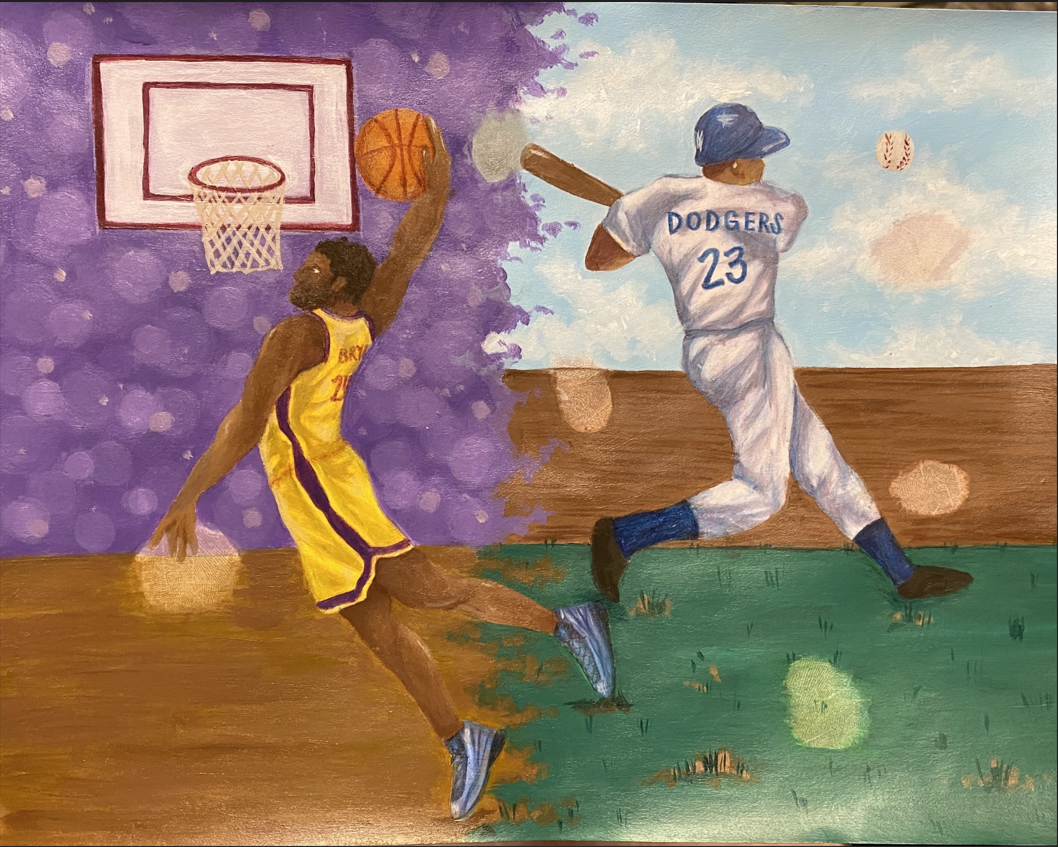A split painting: A basketball player in yellow/purple jumps for a hoop, juxtaposed with a baseball player in a white Dodgers uniform swinging.