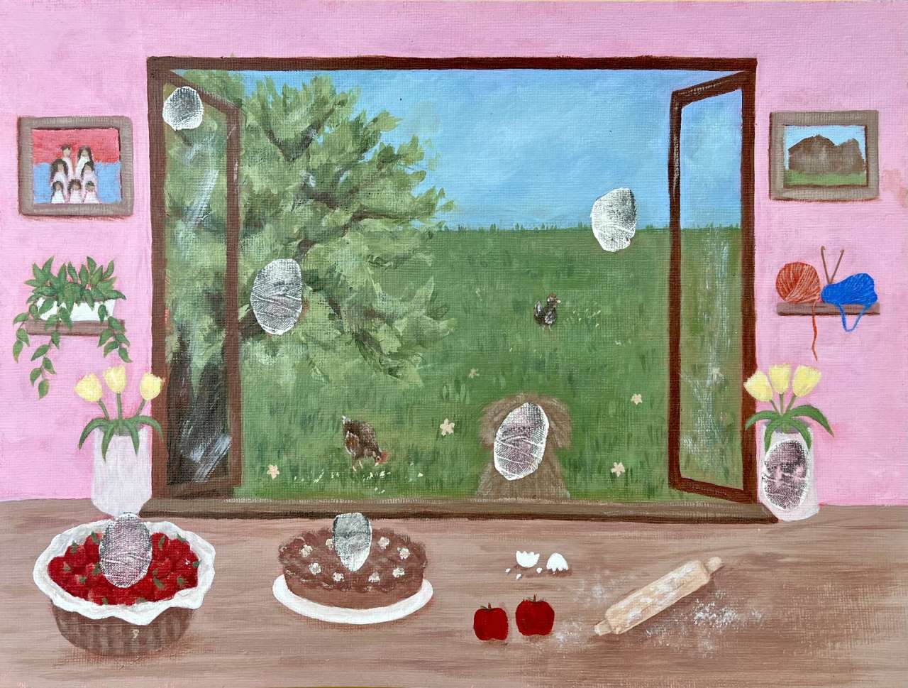 Fingerprint painting of a dining table with strawberries, cake, and apples, near a large window showing a tree and grass.
