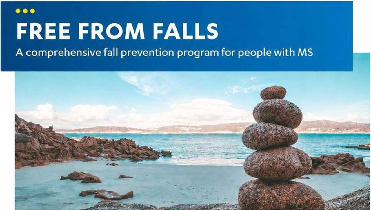 "Free from Falls" banner showing a rocky beach with a tower of precariously stacked rocks.