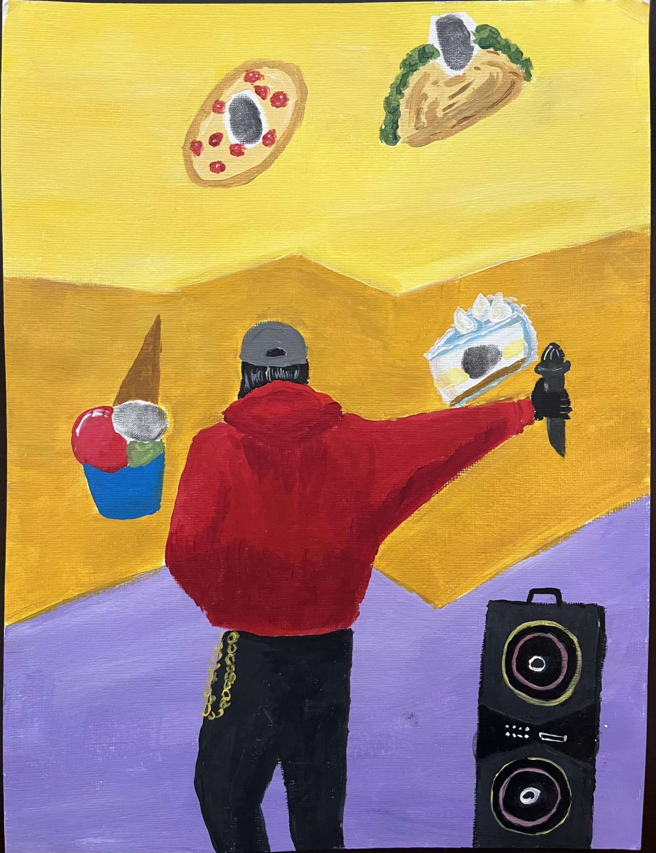 A painting of a person holding a knife next to a large speaker. Pizza, a taco, and ice cream float in the yellow, brown, and purple background.