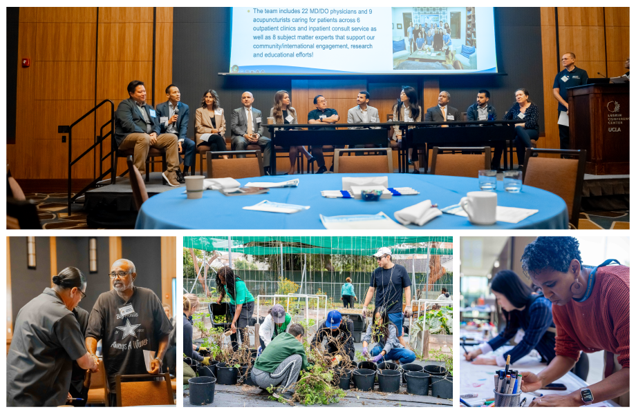 Panel discussion with attendees and three scenes of community workshops: gardening and repairs