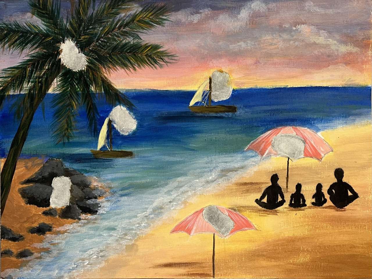 Fingerprint Painting. A family of four sitting at the beach under a sun shade umbrella, with palm trees around, and a boat in the ocean.