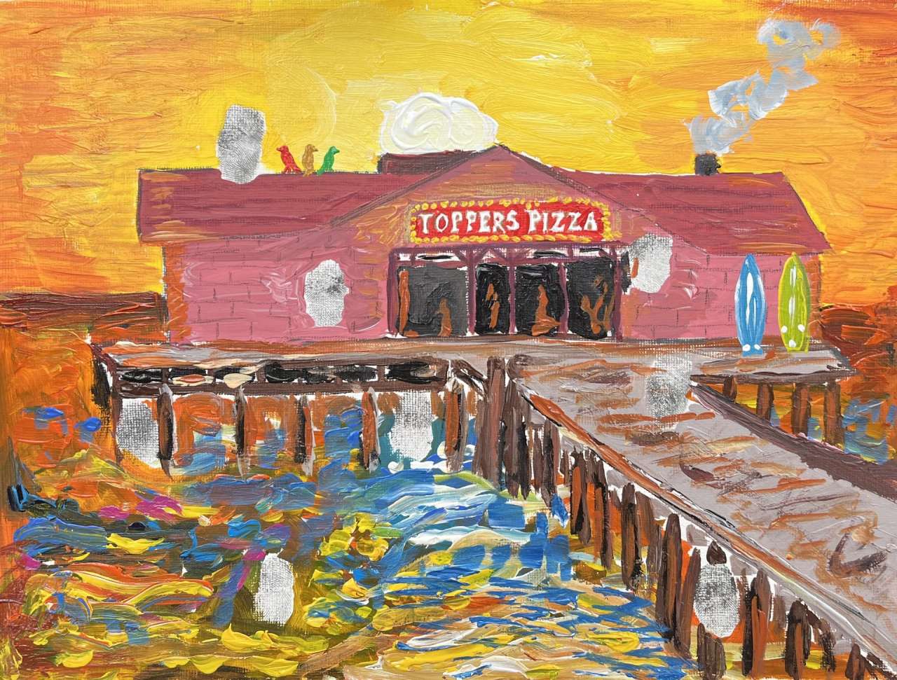 Fingerprint painting by Lisa. Toppers pizza place, located on top of a dock, with water underneath and an orange sunset behind.