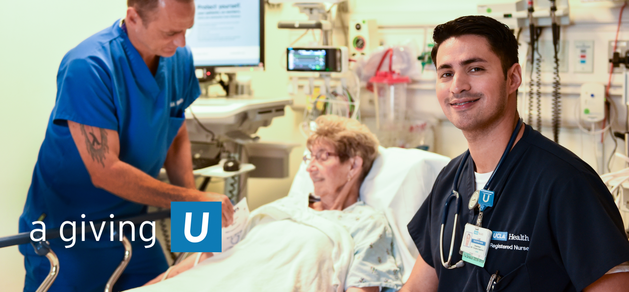 UCLA Health employees smiling together next to a female patient in bed with text: “Employee Giving – The Power of Together.”