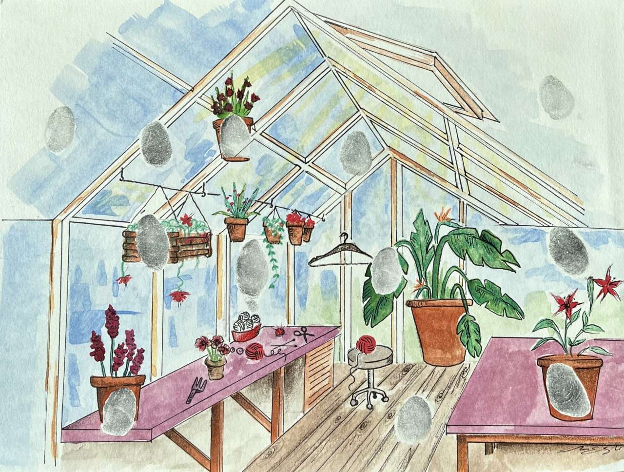Fingerprint paining of a greenhouse garden, with plants, pots, tools and tables.