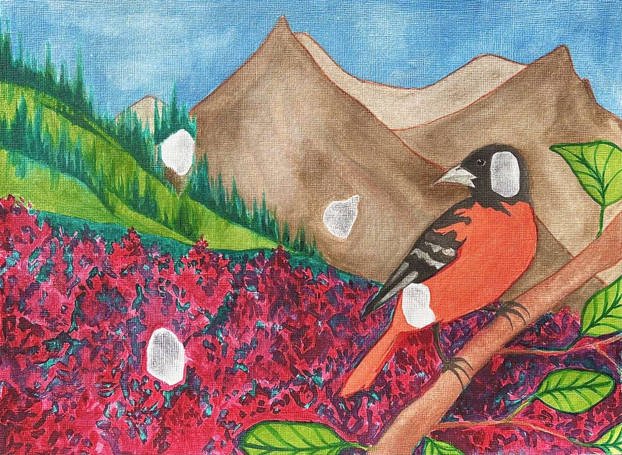 Artistic painting of a bird in the foreground with a scenic mountain range in the background.