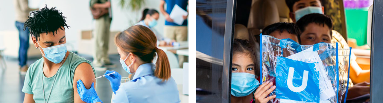 a person wearing a mask receiving a vaccine from a nurse with two children holding a UCLA bag