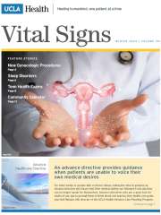 Cover of UCLA Health Vital Signs newsletter showing hands holding a pink uterus model, with article titles and text visible.