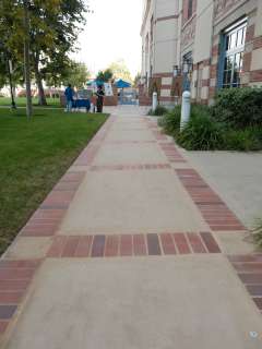 A paved pathway with brick borders stretches alongside a building and a grassy area with trees in the distance.