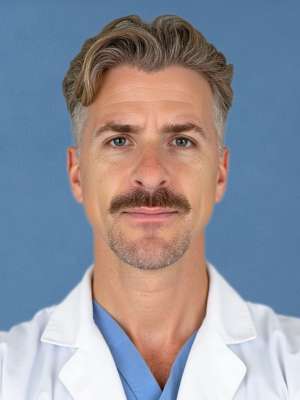 Simon Backer, MD in a white lab coat