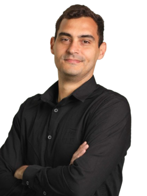 Smiling man with arms crossed wearing a black button-down shirt