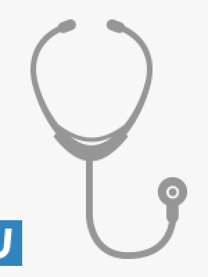 Stethoscope graphic on a white background with a blue "U" logo.