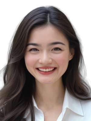 Smiling woman with long dark hair wearing a white blouse on a white background