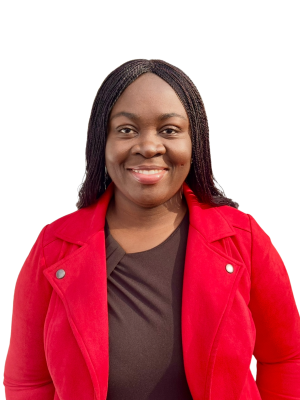 Smiling woman with braided hair wearing red jacket and black top on white background