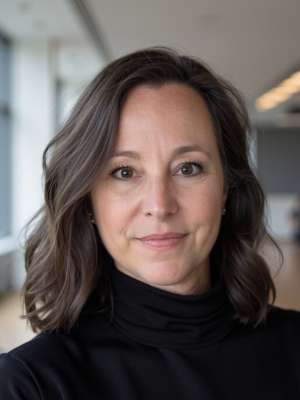 Portrait of a person with dark wavy hair, wearing a black turtleneck in an office setting.