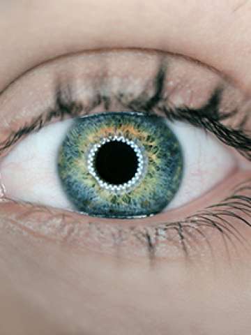 Close-up of a blue-green eye with detailed iris pattern and visible eyelashes.