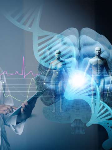 hispanic woman doctor and genetic engineering abstract. Internet of Things. 3D rendering.