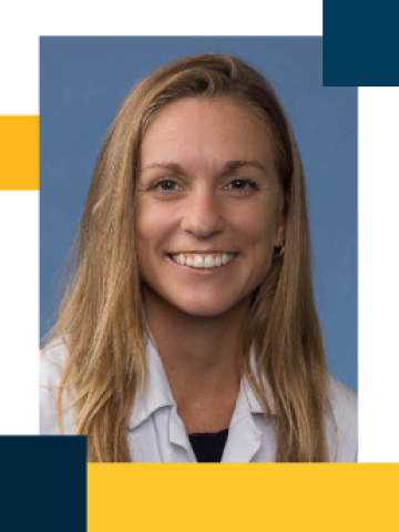 Smiling woman in white coat headshot with blue background