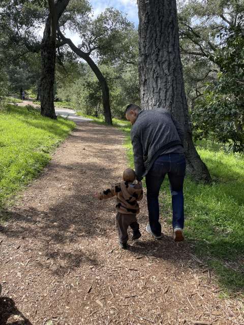 A man and his son walk in a park.