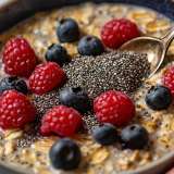 Bowl of oatmeal topped with raspberries, blueberries, and chia seeds.
