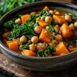 Easy Chickpea & Kale stew in a gray bowl