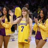 Rachel Tatem and Laker Girls on the basketball court