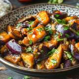 Stir-fried eggplant with sauce and garnished with herbs in a bowl, served with rice.