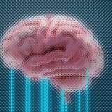 A pixelated brain with glowing blue lines.