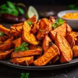 Crispy sweet potato wedges garnished with fresh herbs on a dark background.