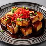 teryaki tofu on a black plate