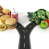 Road with a choice between fast food and healthy food.