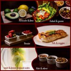 A six-panel food collage featuring avocado and lime, a green salad, berries, grilled fish with vegetables, mint and lemon water, and a trio of nuts and olives.