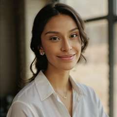 Headshot of Idalia Sotelo wearing a white button down shirt and a blurry background